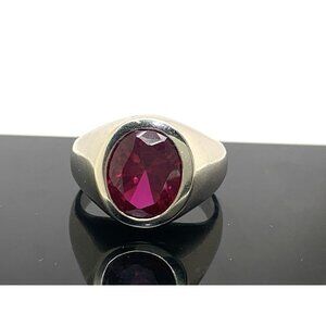 Men's Statement Ring 10k White Gold Oval Red Gemstone Estate Jewelry Size 8.5